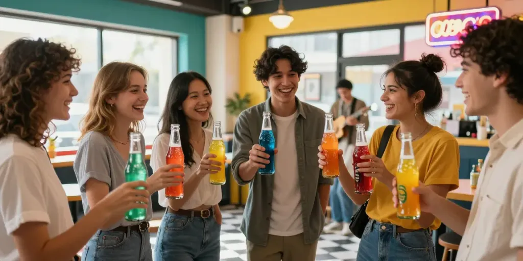 Savoring vibrant soda pop drinks in a cheerful soda shop with friends.
