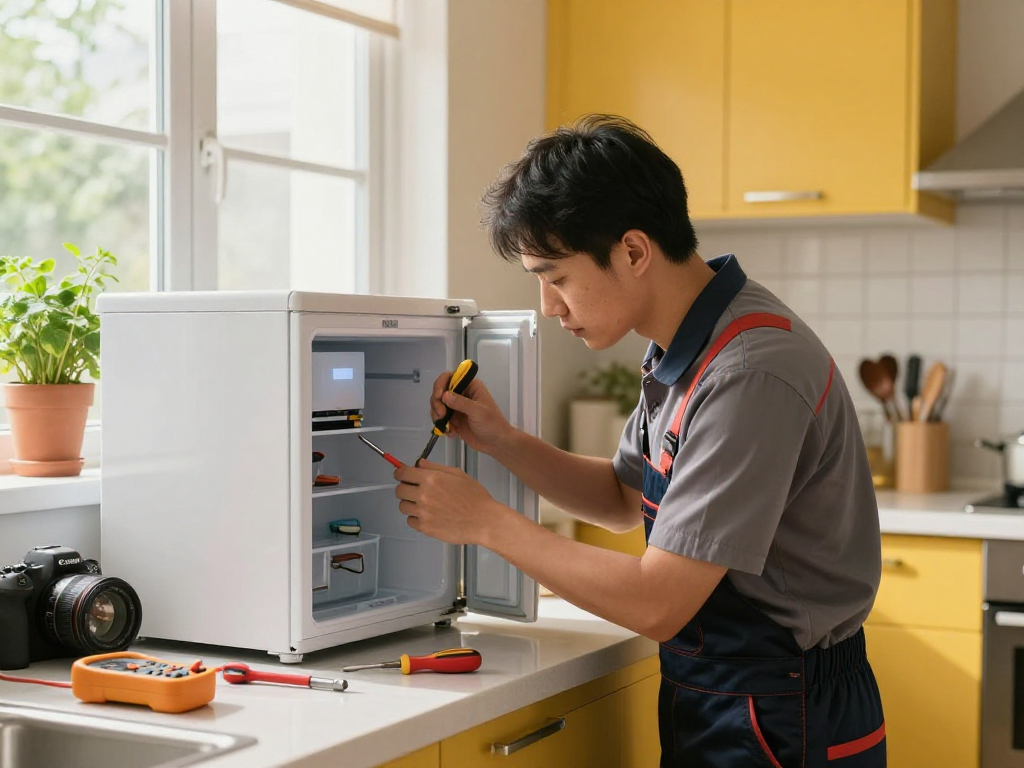 Technician providing appliance repair near me while fixing a refrigerator in a well-lit kitchen.